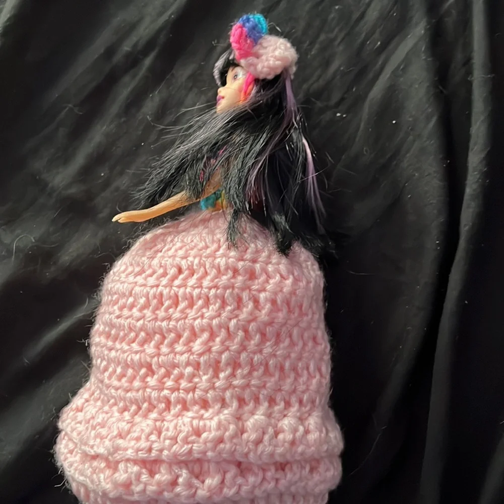 Hand Crafted Pink & Rainbow Toilet Paper Cover Asian Doll Retro Collectible